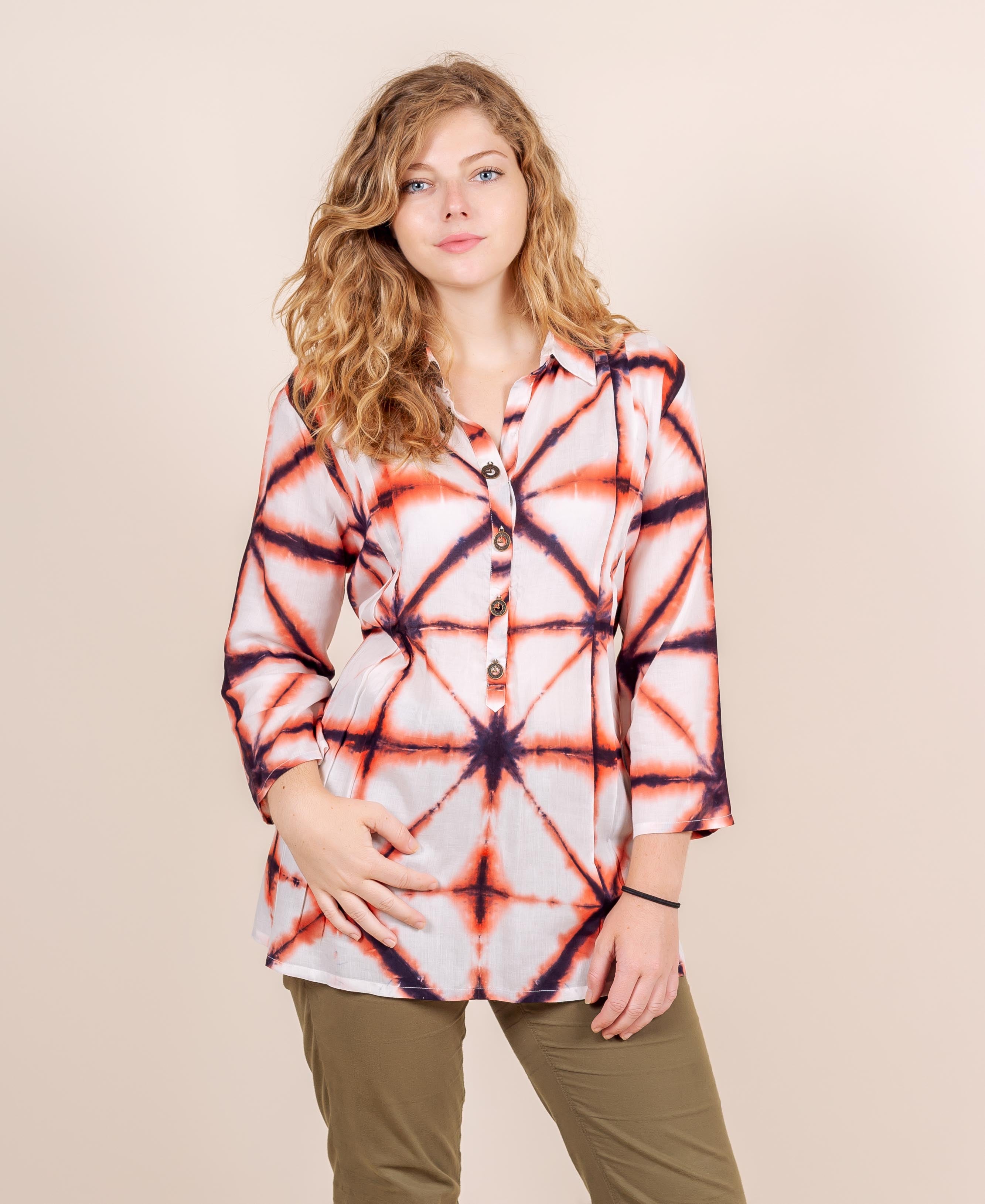 White Peach Tie And Dye Front Button Shoulder Pleated  Short Kurta Top