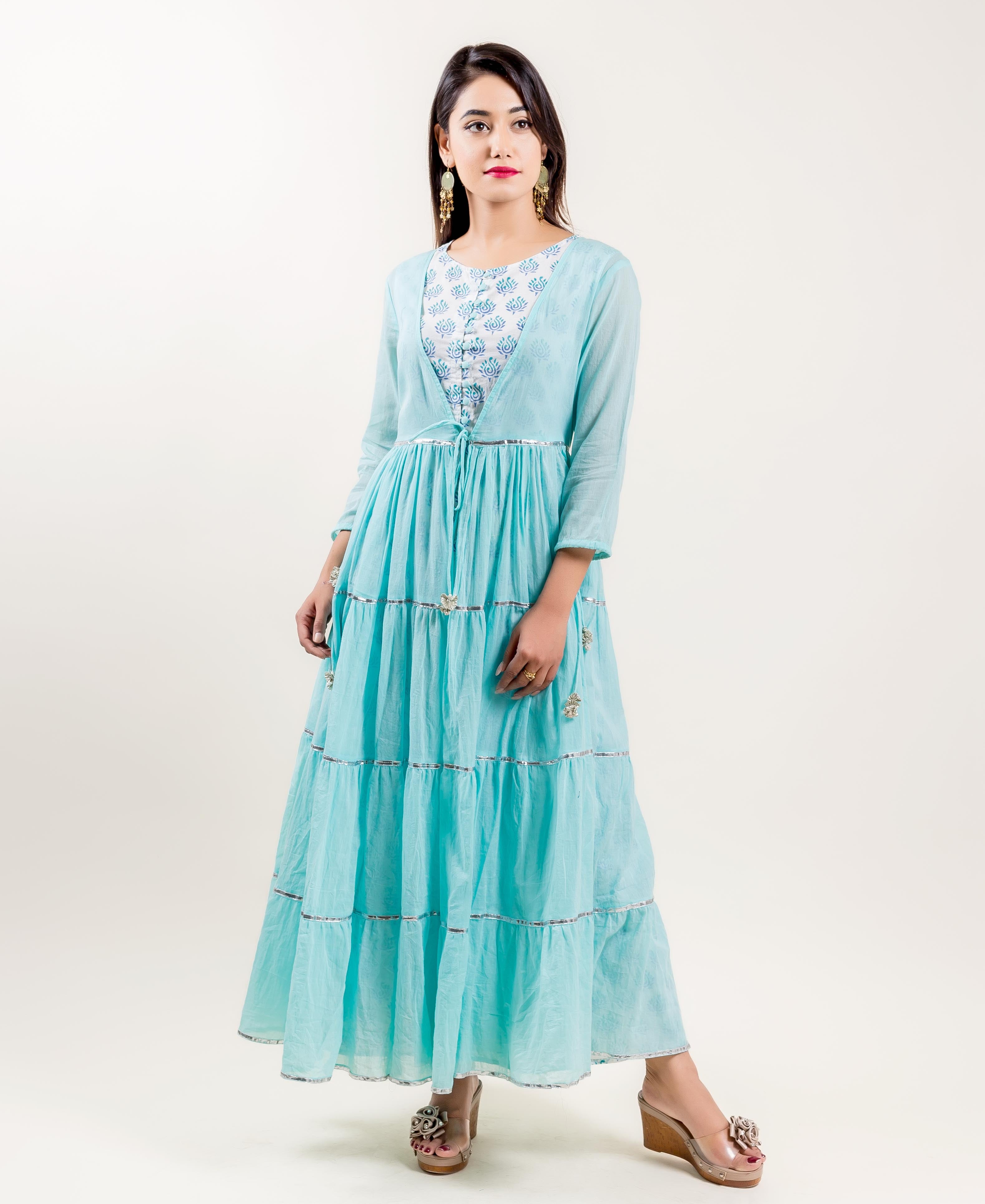 Aqua Cotton Tiered Indo Western Dress with Sleeveless inner – MISSPRINT