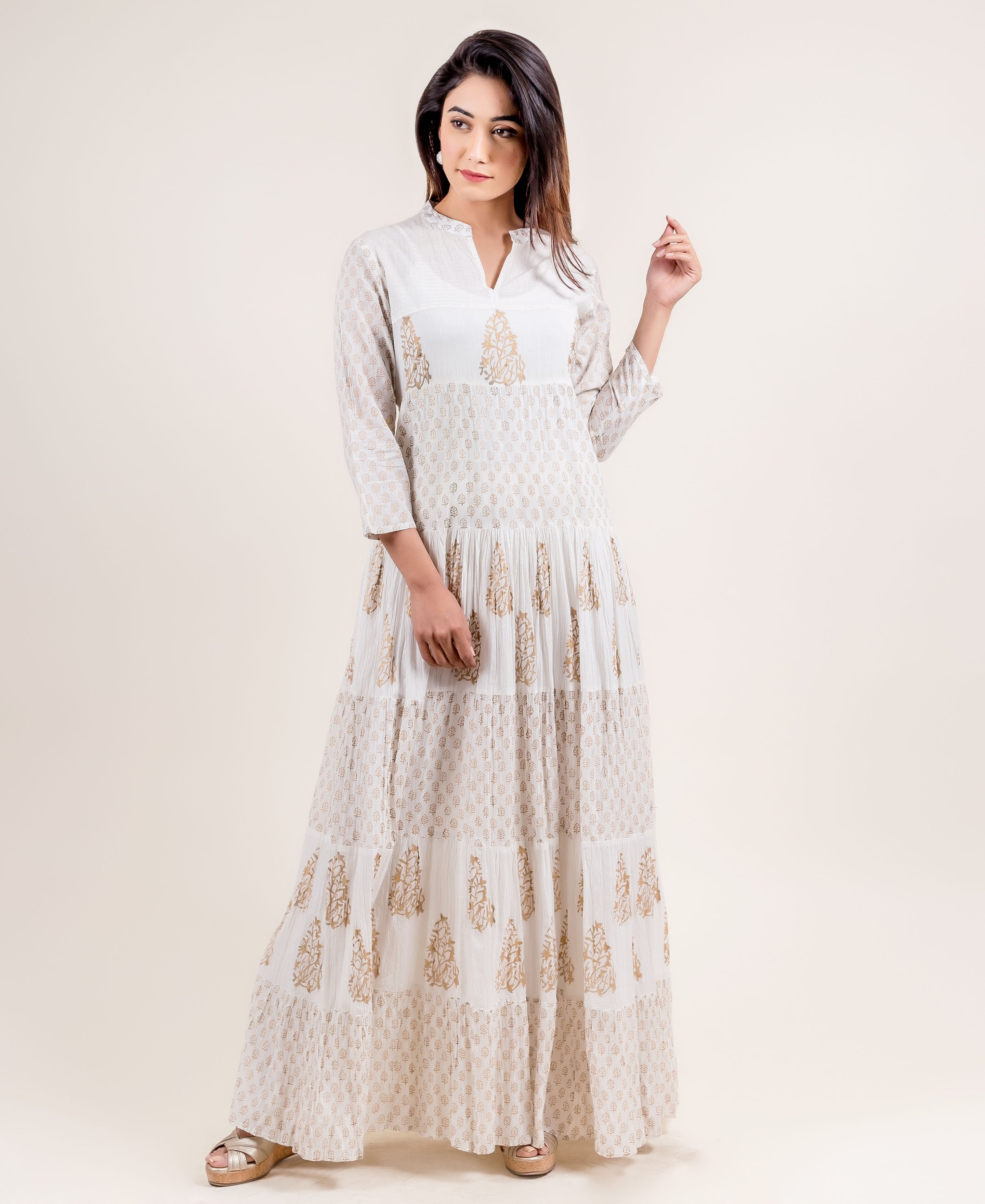 V- Neck Gold Block Print Princess Cut Anarkali Style Gown Dress – MISSPRINT