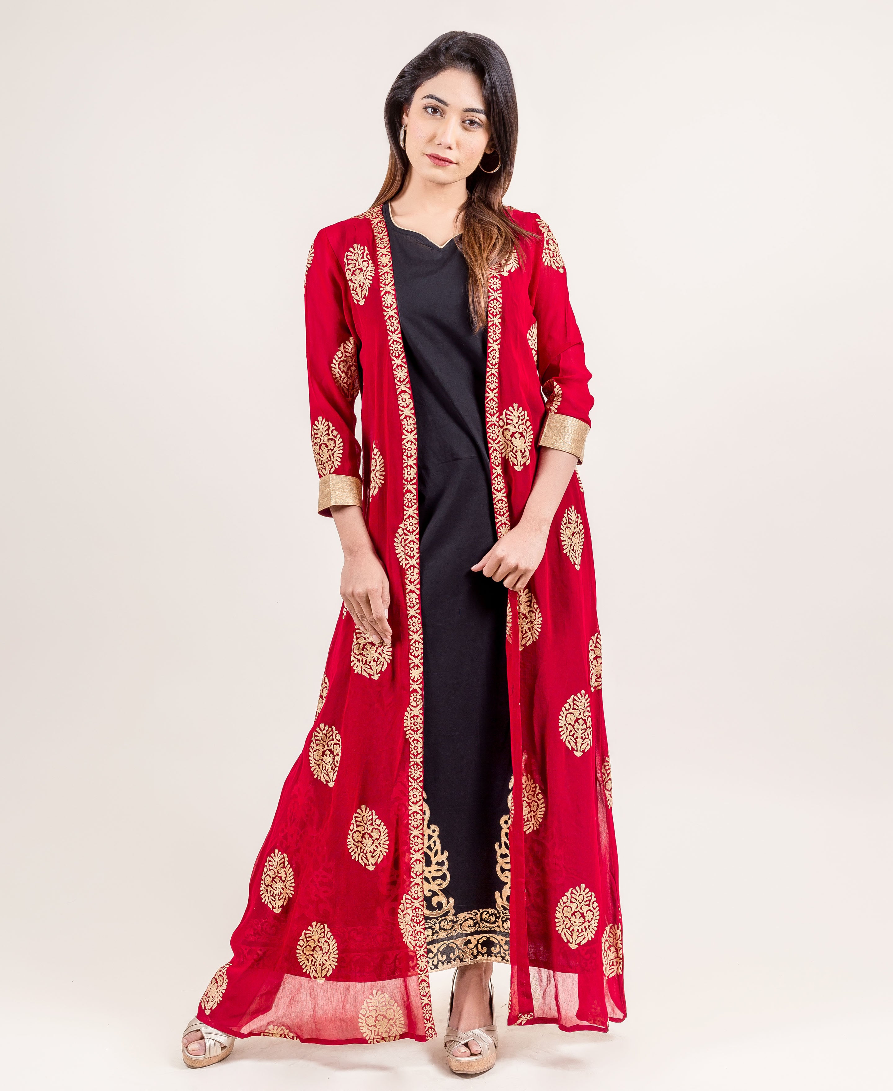 Gold Printed Designer Jacket Style Long Georgette Indo Western Dress –  MISSPRINT